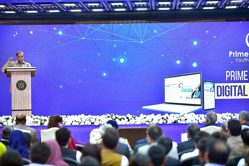 Prime Minister Muhammad Shehbaz Sharif addresses the launching ceremony of Prime Minister's Digital Youth Hub