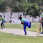 A view of a cricket match played between Journalist Cricket teams during the First All Multan Journalist Cricket Tournament at Sports Complex Government Model High School Gulgasht