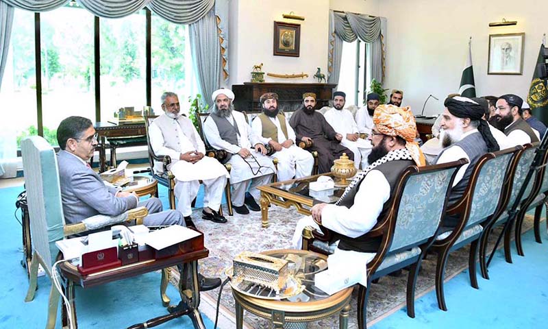 A delegation of Jamiat Ulema-e-Islam led by Senator Maulana Abdul Ghafoor Haideri called on caretaker Prime Minister Anwaar-ul-Haq Kakar.