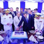 Prime Minister Muhammad Shehbaz Sharif and Vice President of Türkiye Mr. Cevdet Yilmaz cutting a cake to celebrate the launching of Pakistan's 4th MILGEM Corvette "PNS Tariq" in Karachi Shipyard & Engineering Works