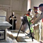 Major General Qaiser Salman, the Garrison Commander, is laying a wreath at the mausoleum of Dr. Allama Muhammad Iqbal on the occasion of 77th Independence Day celebration