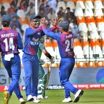 Nepal team players celebrating after taking the wicket of Pakistan's batsman Fakhar Zaman during the First cricket match of Asia Cup 2023 between Pakistan and Nepal at Multan Cricket Stadium.