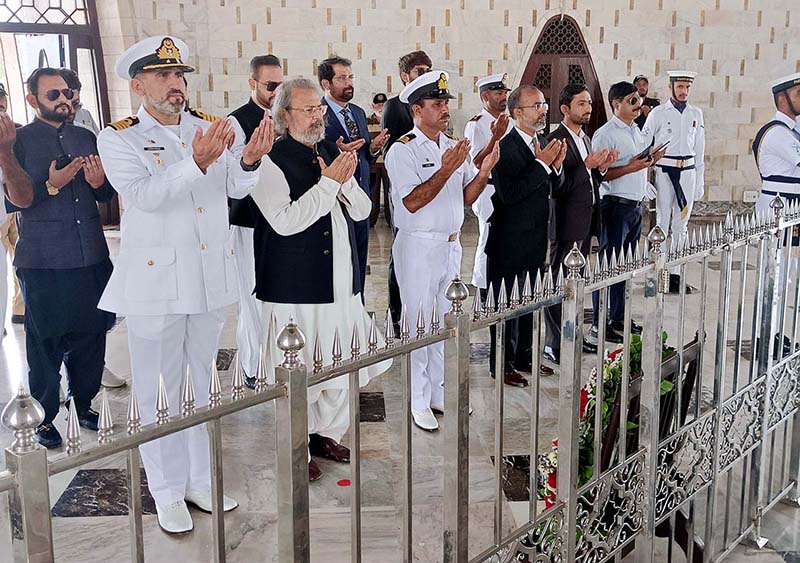 Caretaker Federal Minister for Education and Professional Training, Madad Ali Sindhi coming to lay floral wreath during visit at Mazar-e-Quaid.