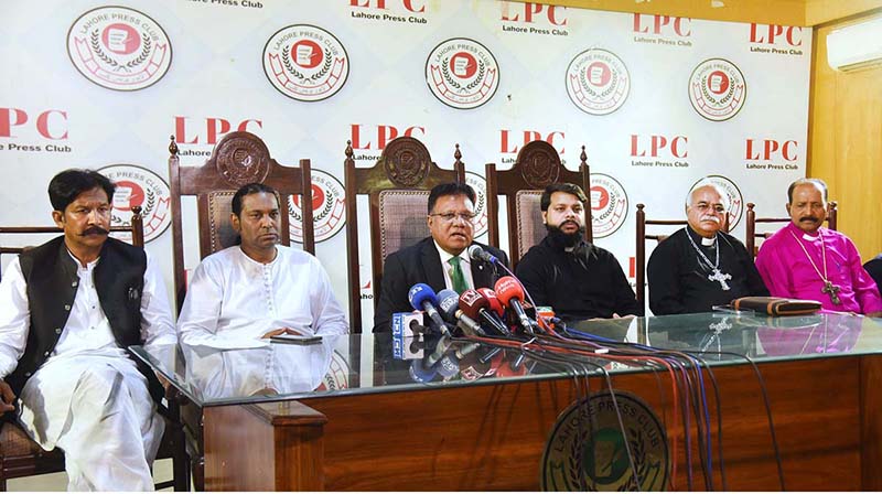 Former Provincial Minister Ijaz Alam Augustin, Samson Salamat, along with his colleagues are holding a press conference on the Jaranwala incident at the press club