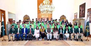 President Dr Arif Alvi in a group photo with the members of Pakistan Special Olympics Team, who participated in Berlin Special Olympics, at Aiwan-e-Sadr