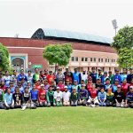 Former International cricketer Asmavia Iqbal in a group photo with girls participants during PCB Women Talent Hunt Trials 2023-24 at Inzamam ul Haq High Performance Center