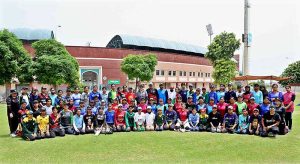 Former International cricketer Asmavia Iqbal in a group photo with girls participants during PCB Women Talent Hunt Trials 2023-24 at Inzamam ul Haq High Performance Center
