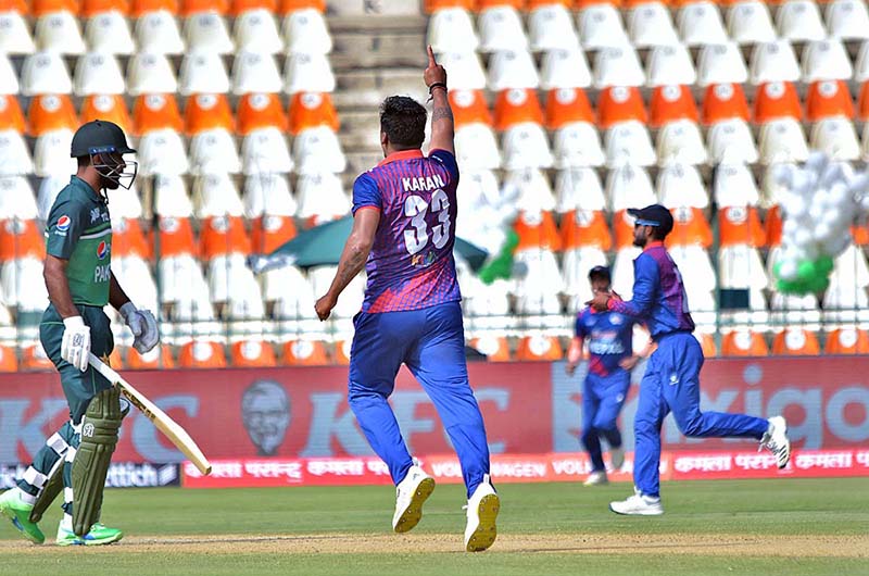 Nepal team players celebrating after taking the wicket of Pakistan's batsman Fakhar Zaman during the First cricket match of Asia Cup 2023 between Pakistan and Nepal at Multan Cricket Stadium.