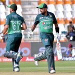 Pakistani player Babar Azam and Salman Ali Agha are running between the wicket during the First cricket match of Asia Cup 2023 between Pakistan and Nepal at Multan Cricket Stadium