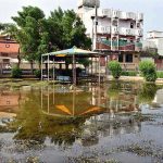 A view of stagnant rain water accumulated in Sachal Colony Park