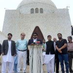 Sindh Governor Mohammed Kamran Khan Tessori talking to media persons after inspecting the preparations for Independence Day programs and the rally at Mazar-e-Quaid.