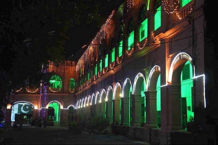 Railway Headquarters building is beautifully illuminated with lights on the occasion of 77th Independence Day celebration