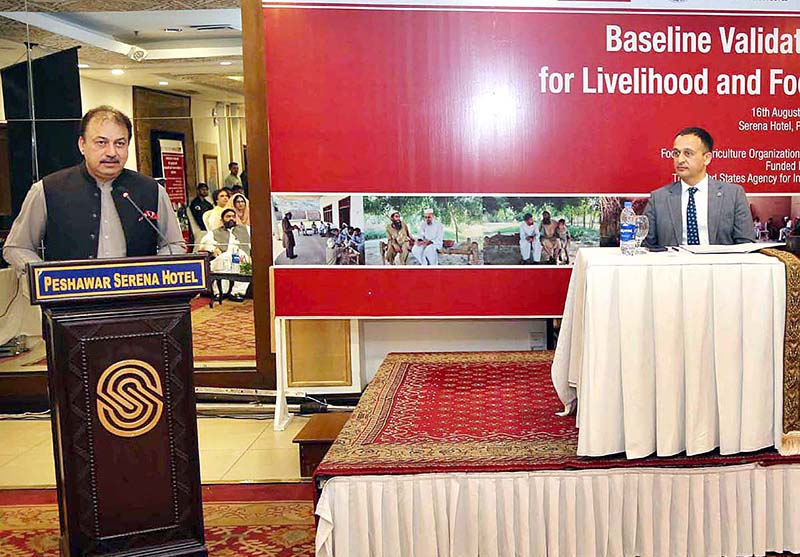 Secretary Agriculture KP Mr. Muhammad Javed Marwat addressing during Baseline Validation Workshop for Livelihood and Food Security Activity organized by Food and Agriculture Organization of the United Nations