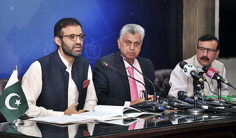 Federal Law Minister Ahmed Irfan Aslam and Information Minister Murtaza Solangi addressing an important press conference at PID Media Center