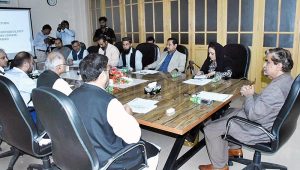 Federal Minister for National Heritage and Culture Jamal Shah presiding a review meeting at National Library of Pakistan