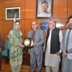 Chairman Export processing Zone( EPZA) Dr. Saifuddin Junejo, presenting shield to Chairperson Senate Standing Committee on Industries and Production Senator Khalida Ateeb during visit of Export Processing Zone (EPZ)