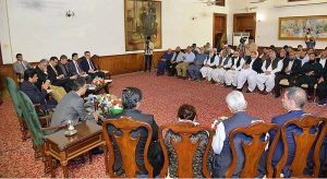 Caretaker Prime Minister Anwaar-ul-Haq Kakar addressing businessmen and owners of small and medium-sized industries