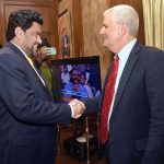 Sindh Governor Kamran Khan Tessori welcoming Consul General for the US Conrad Tribble at the Governor's House