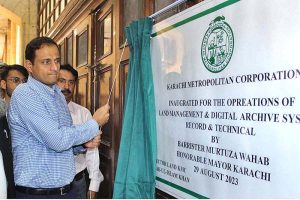 Mayor Karachi Barrister Murtuza Wahab inaugurates the operations of Land Management & Digital Archive System computerized land record at KMC Head Office