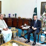 Leader of the Opposition, Raja Riaz Ahmad calls on Prime Minister Muhammad Shehbaz Sharif as part of the consultation process for selection of the Caretaker Prime Minister.