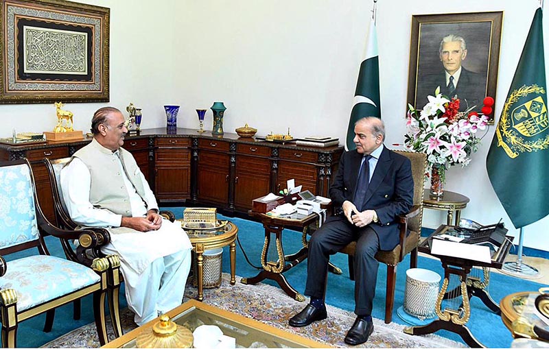 Leader of the Opposition, Raja Riaz Ahmad calls on Prime Minister Muhammad Shehbaz Sharif as part of the consultation process for selection of the Caretaker Prime Minister.