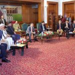 Caretaker Prime Minister Anwaar-ul-Haq Kakar addressing businessmen and owners of small and medium-sized industries