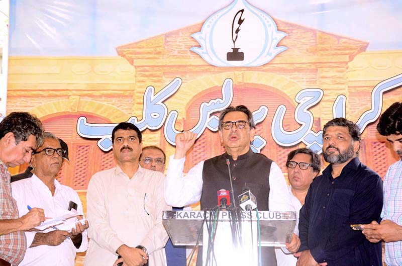 Federal Minister for Religious Affairs Aneeq Ahmed talking to Media during Visit at Karachi Press Club