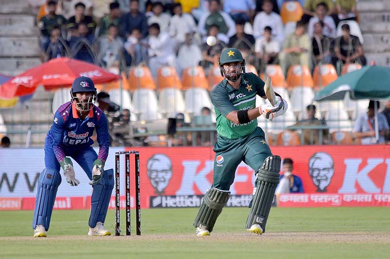 Pakistan’s player Iftikhar Ahmed plays a shot during the First cricket match of Asia Cup 2023 between Pakistan and Nepal at Multan Cricket Stadium