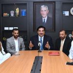 Federal Minister for Energy Khurram Dastagir talking to official media after holding a meeting with KE management at the KE head office, Federal Minister for Information Technology Syed Ameen-ul-Haque, MQM Pakistan senior leaders Farooq Sattar and Mustafa Kamal are also present on the occasion