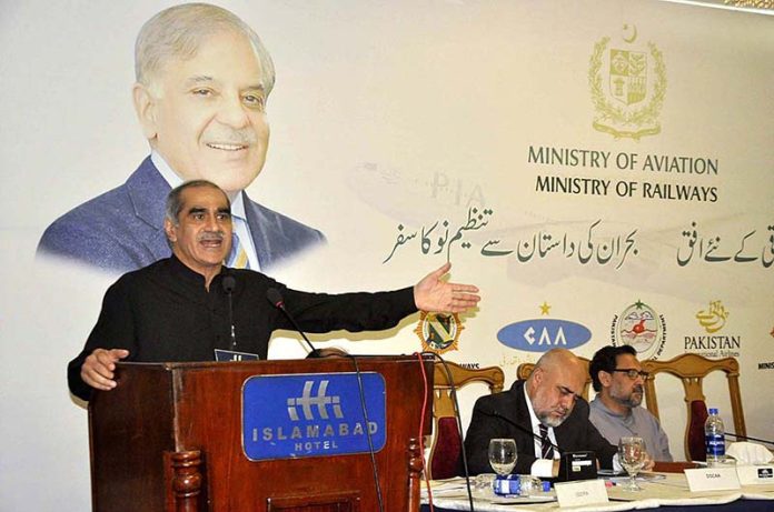 Federal Minister for Aviation and Railways Khawaja Saad Rafique briefing on Insightful Interactive Discussion with the Media Personnel at local hotel
