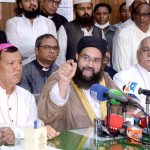 Chairman Pakistan Ulema Council & President International Faith Harmony Council Hafiz Tahir Mehmood Ashrafi is addressing a press conference during his visit to Christian Colony Jaranwala