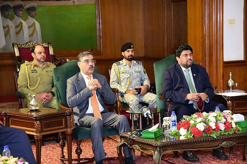 Caretaker Prime Minister Anwaar-ul-Haq Kakar addressing businessmen and owners of small and medium-sized industries