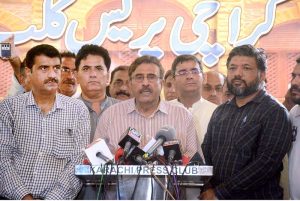 Sindh Interior Minister Brigadier(R) Haris Nawaz talking to media persons at Karachi Press Club