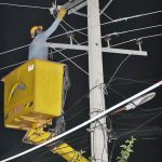Sialkot GAPCO personnel are repairing the transmission line at Kachhari Chowk after finding fault