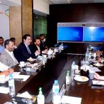 Federal Minister for Energy Khurram Dastagir, Federal Minister for Information Technology Syed Ameen-ul-Haque, MQM Pakistan senior leaders Farooq Sattar and Mustafa Kamal in a meeting with K-Electric Management at the KE head office