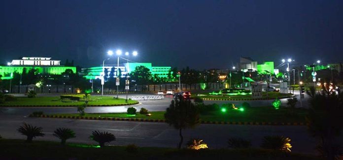 The Parliament House and Presidency building is decorated with the lights in celebration of Independence Day