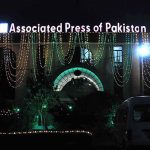 The Building of Associated Press of Pakistan (APP) is decorated with the colorful lights in celebration of Independence Day