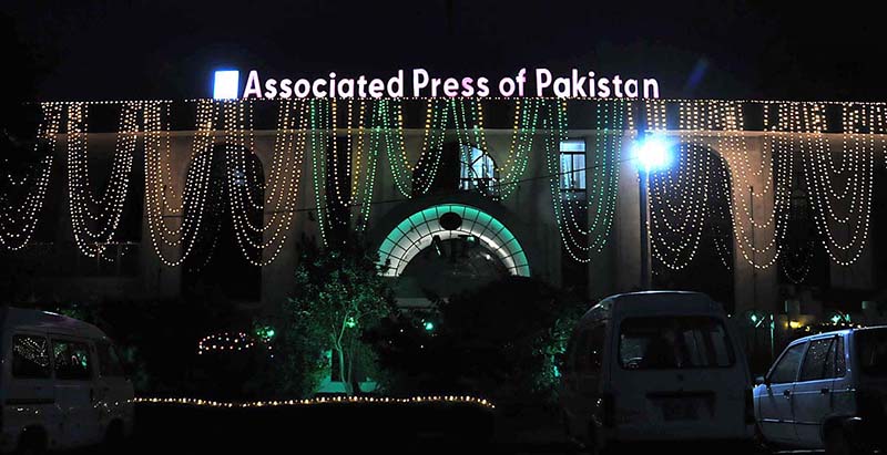 The Building of Associated Press of Pakistan (APP) is decorated with the colorful lights in celebration of Independence Day