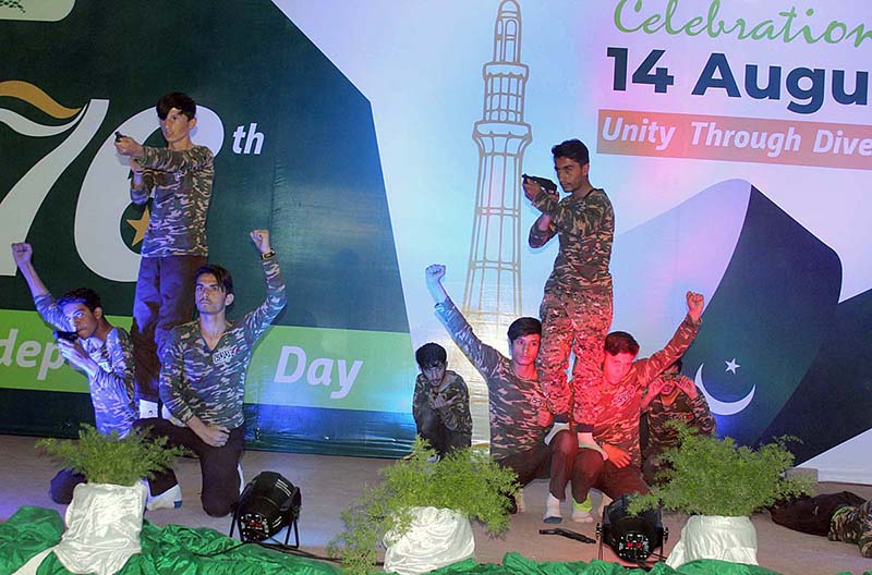 Students are performing tableau at Boys Scout Headquarter on the occasion of 77th Independence Day celebration