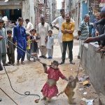 A man performs tricks with his pet monkey at Korangi area