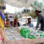 Vendor displaying horn and related stuffs to attract the customers as the nation starts preparations to celebrate the Independence Day in befitting manners