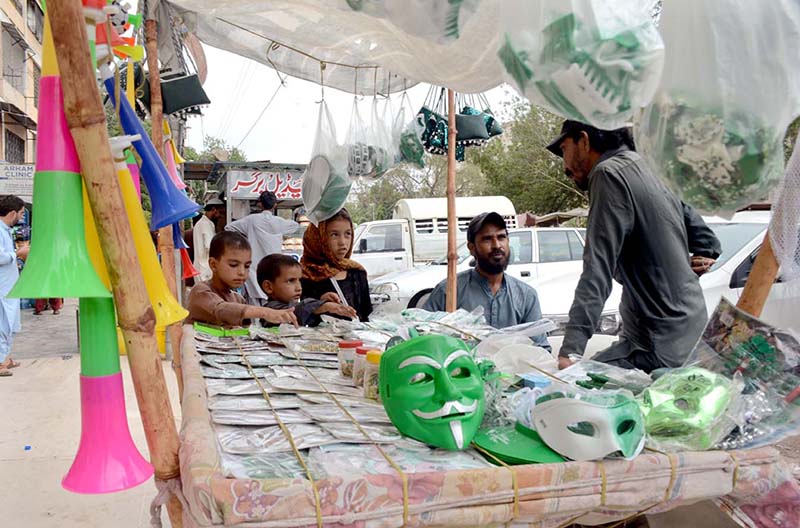Vendor displaying horn and related stuffs to attract the customers as the nation starts preparations to celebrate the Independence Day in befitting manners