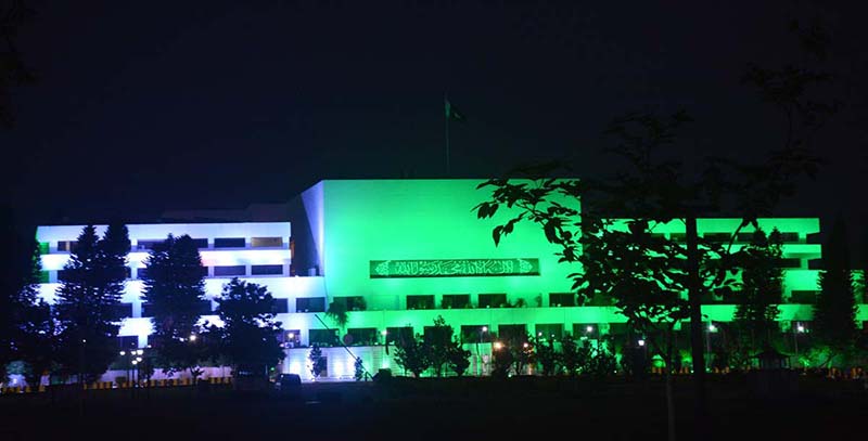 Parliament House building is decorated with the lights in celebration of Independence Day