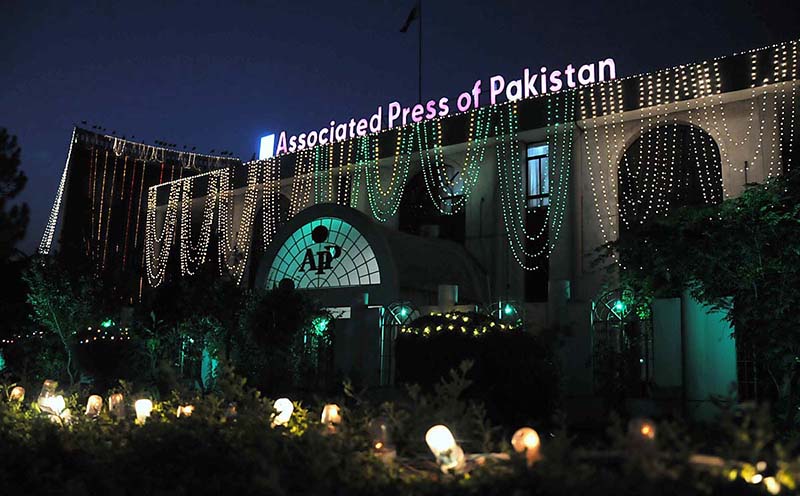 The Building of Associated Press of Pakistan (APP) is decorated with the colorful lights in celebration of Independence Day