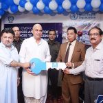 Head of sub-office, WHO Peshawar Dr. Palita Mahipala handing over fifteen motorbike ambulances and two mini ambulances for Rescue 1122 to Minister RR&SD Taj Muhammad at Rescue 1122 Head Quarter.