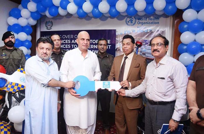 Head of sub-office, WHO Peshawar Dr. Palita Mahipala handing over fifteen motorbike ambulances and two mini ambulances for Rescue 1122 to Minister RR&SD Taj Muhammad at Rescue 1122 Head Quarter.