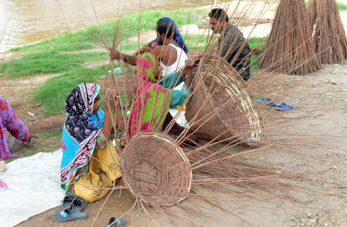 A gypsy family is preparing baskets with the dry branches of a tree at a roadside