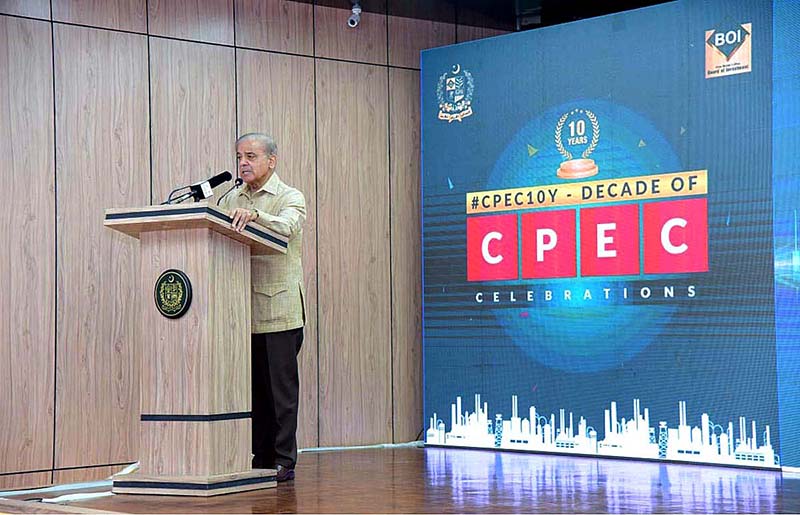 Prime Minister Muhammad Shehbaz Sharif addressing a ceremony organized to honour the contribution of Chinese companies operating in Pakistan under the CPEC