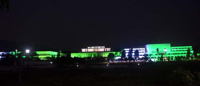 The Parliament House and Presidency building is decorated with the lights in celebration of Independence Day