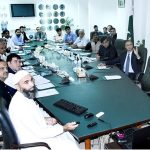 Caretaker Federal Minister for Commerce and Industry, Gohar Ejaz is being briefed at the Ministry of Industries and Production